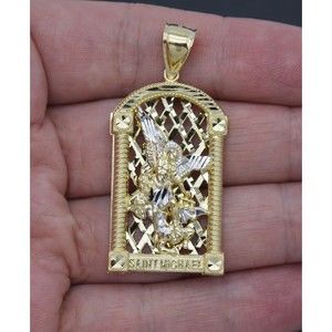 Real Solid 10K Yellow White Gold Shiny Diamond Cut Saint Michael Pendant 9.1gr